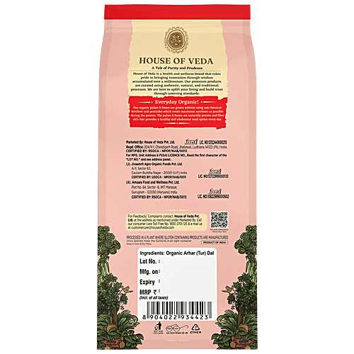 HOUSE OF VEDA Organic Arhar Tur Dal, 1 kg  Rich In Protein & Fibre, Free From Preservative & Gluten