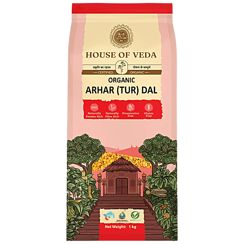 HOUSE OF VEDA Organic Arhar Tur Dal, 1 kg  Rich In Protein & Fibre, Free From Preservative & Gluten