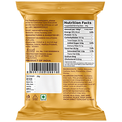 Farmley Classic Delight Date Bites, 20 g  Healthy & Delicious Sweets, Made With Dates, Pistachios, Cashewnuts, Almonds, Honey & Pure Ghee
