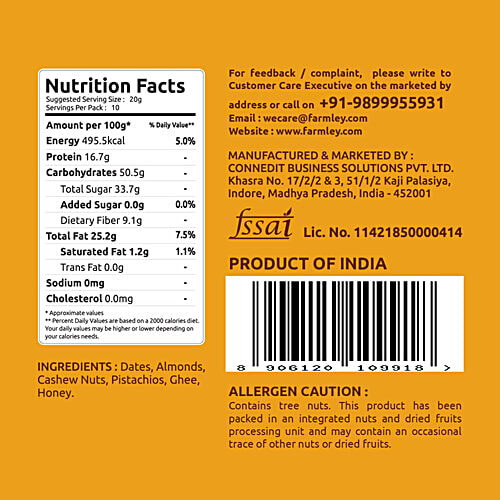 Farmley Classic Delight Date Bites, 20 g  Healthy & Delicious Sweets, Made With Dates, Pistachios, Cashewnuts, Almonds, Honey & Pure Ghee