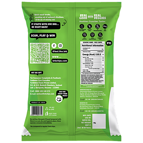 BRB Rice Popped Chips - Pudina Punch Flavour, 48 g  Healthier Crunchier Tastier
 Real VEggies & Pulses