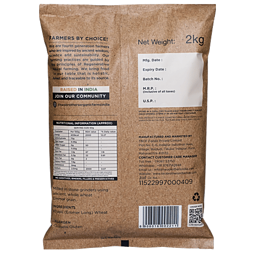 Two Brothers Organic Farms Khapli Flour - Emmer Long, Whole Wheat Atta, Stoneground, 2 kg  Whole Wheat, Ancient