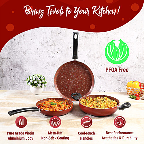 Wonderchef Tivoli Cookware Set - Kadhai, Fry Pan, Dosa Tawa, Red, 3 pcs 2 Years Warranty, Cookware Set With Kadhai, Fry Pan, Dosa Tawa, 5 Layer Non Stick Coating, 2 Years Warranty