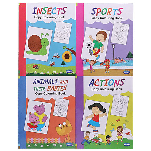 Navneet Theme Copy Colouring Book - Actions, Sports, Animals & Their Babies, Insects, For Kids, 4 pcs  