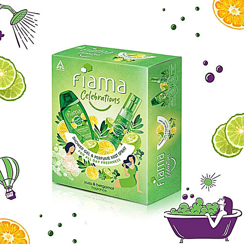Fiama Celebrations Happy Naturals Yuzu & Bergamot Shower Gel & Perfume Mist Spray Gift Pack, 2 pcs (Shower Gel 250 ml + Perfume Mist 120 ml) 