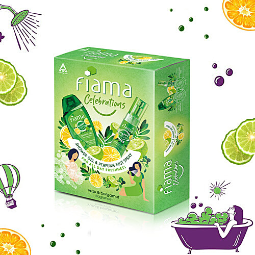 Fiama Celebrations Happy Naturals Yuzu & Bergamot Shower Gel & Perfume Mist Spray Gift Pack, 2 pcs (Shower Gel 250 ml + Perfume Mist 120 ml) 