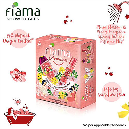 Fiama Celebrations Happy Naturals Plum Blossom & Ylang Shower Gel + Perfume Mist Spray Gift Pack, 2 pcs (Shower Gel 250 ml + Perfume Mist 120 ml) 