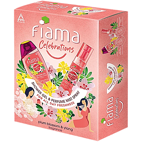 Fiama Celebrations Happy Naturals Plum Blossom & Ylang Shower Gel + Perfume Mist Spray Gift Pack, 2 pcs (Shower Gel 250 ml + Perfume Mist 120 ml) 
