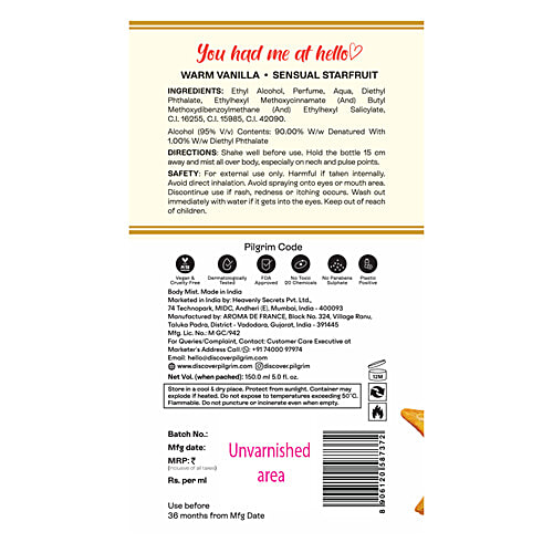 Pilgrim French Kiss Body Mist - Vanilla With Starfruit, 150 ml  