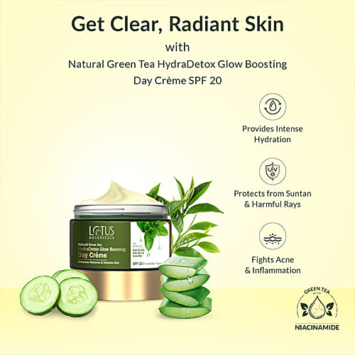 Lotus Botanicals Natural Green Tea HydraDetox Glow Boosting Day Cream - SPF 20, With Niacinamide, 50 g  Boosts Glow and Enhances Skin Radiance, Hydrates Skin, Protects From Sun, Prevents Acne and Pimples, For All Skin Types