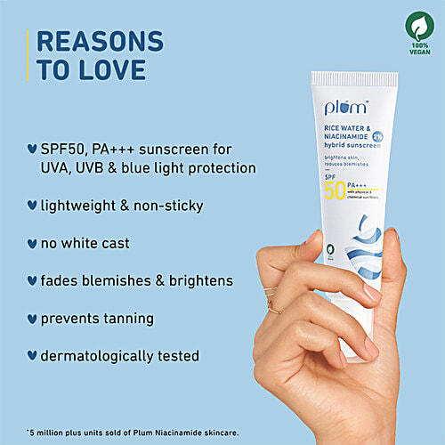 Plum Rice Water & 2% Niacinamide Hybrid Sunscreen - SPF 50 PA+++, 50 g Brightens Skin, Reduces Blemishes, 100% Vegan, For All Genders, Paraben Free, No White Cast, Prevents Tanning