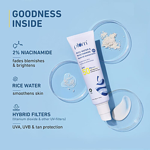 Plum Rice Water & 2% Niacinamide Hybrid Sunscreen - SPF 50 PA+++, 50 g Brightens Skin, Reduces Blemishes, 100% Vegan, For All Genders, Paraben Free, No White Cast, Prevents Tanning