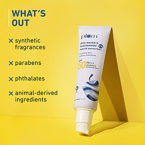 Plum Rice Water & 2% Niacinamide Hybrid Sunscreen - SPF 50 PA+++, 50 g Brightens Skin, Reduces Blemishes, 100% Vegan, For All Genders, Paraben Free, No White Cast, Prevents Tanning