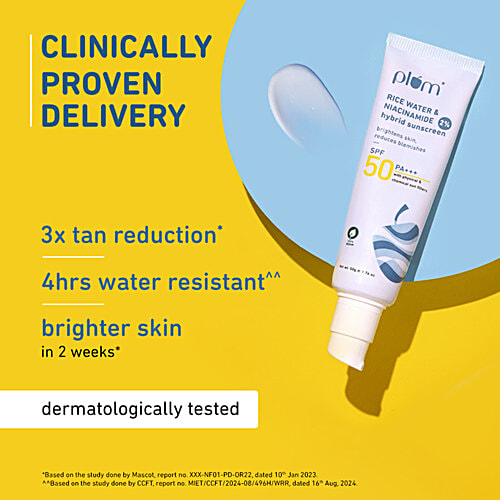 Plum Rice Water & 2% Niacinamide Hybrid Sunscreen - SPF 50 PA+++, 50 g Brightens Skin, Reduces Blemishes, 100% Vegan, For All Genders, Paraben Free, No White Cast, Prevents Tanning