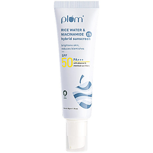 Plum Rice Water & 2% Niacinamide Hybrid Sunscreen - SPF 50 PA+++, 50 g Brightens Skin, Reduces Blemishes, 100% Vegan, For All Genders, Paraben Free, No White Cast, Prevents Tanning
