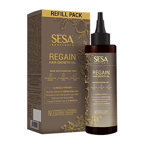 Sesa Ayurvedic Regain Oil Refill Pack - 100% Natural, Ayurvedic Certified, Clinically Proven, 100 ml  Made With Kshir Pak Vidhi, 26 Medicinal Herbs, 6 Essential Oils, Pure Cow Milk