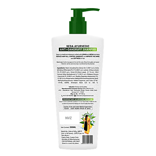 Sesa Ayurvedic Anti Dandruff Shampoo + Conditioner - Power Of Neem & Lemon, No Paraben, 500 ml