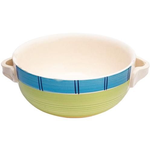 BB Home Earth Serving/ Mixing Bowl With Lid, Hand- Painted Ceramic, Tri Colour, 1 L  