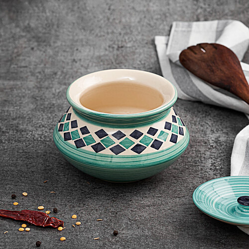 bb home Earth Storage/Serving Ceramic Handi Jar With Lid - Handcrafted, Diamond Blue, 700 ml  