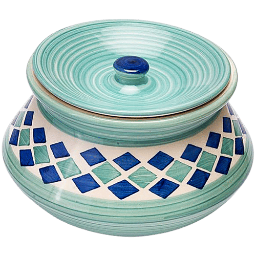 bb home Earth Storage/Serving Ceramic Handi Jar With Lid - Handcrafted, Diamond Blue, 700 ml  