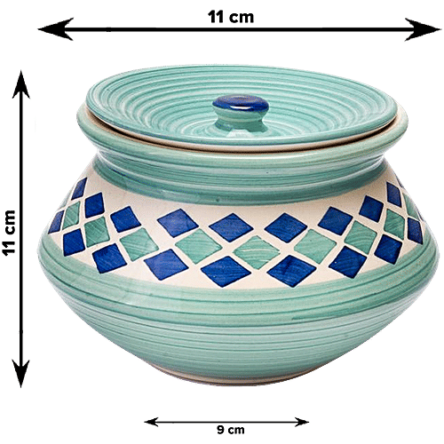 bb home Earth Storage/Serving Ceramic Handi Jar With Lid - Handcrafted, Diamond Blue, 700 ml  