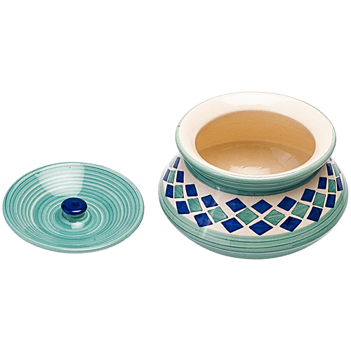 bb home Earth Storage/Serving Ceramic Handi Jar With Lid - Handcrafted, Diamond Blue, 700 ml  