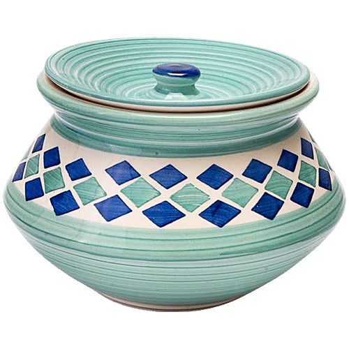 bb home Earth Storage/Serving Ceramic Handi Jar With Lid - Handcrafted, Diamond Blue, 700 ml  