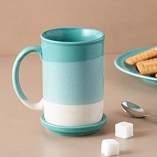 bb home Earth Tea/Coffee Ceramic Mug - With Lid/Coaster, Hand Crafted, Wave Blue, 180 ml