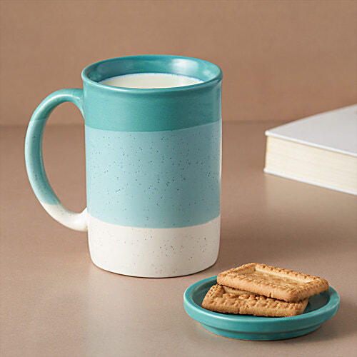 bb home Earth Tea/Coffee Ceramic Mug - With Lid/Coaster, Hand Crafted, Wave Blue, 180 ml