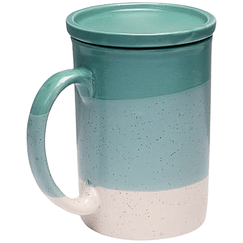 bb home Earth Tea/Coffee Ceramic Mug - With Lid/Coaster, Hand Crafted, Wave Blue, 180 ml