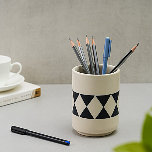 bb home Earth Cutlery/ Pen Holder, Hand Painted Ceramic - Abstract Black & White, 600 ml  