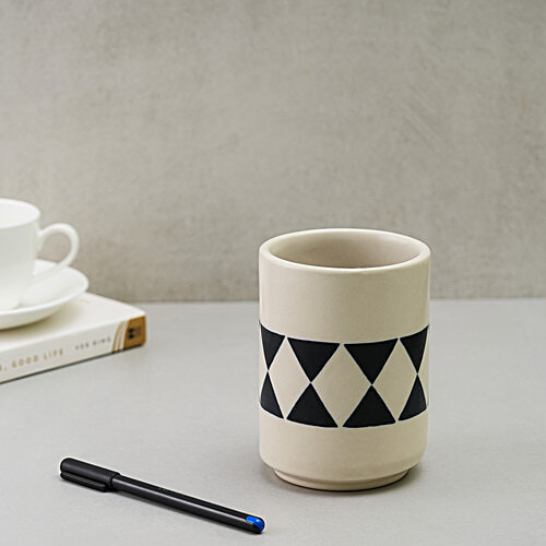 bb home Earth Cutlery/ Pen Holder, Hand Painted Ceramic - Abstract Black & White, 600 ml  