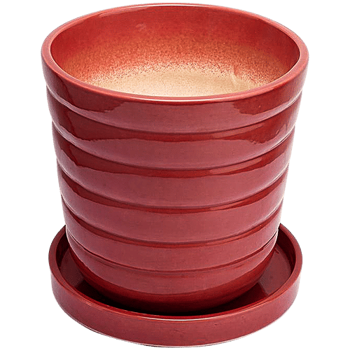 bb home Earth Planter/ Pot With Tray, Hand Crafted Ceramic - Cosmic Maroon, 20.32 cm, Medium Size, 1 pc  