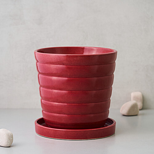 bb home Earth Planter/ Pot With Tray, Hand Crafted Ceramic - Cosmic Maroon, 20.32 cm, Medium Size, 1 pc  