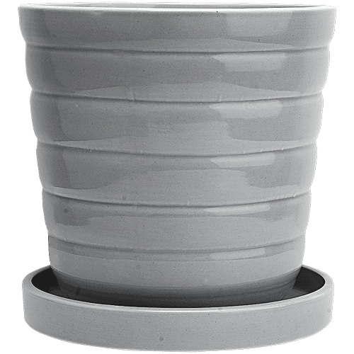 bb home Earth Planter/ Pot With Tray, Hand-crafted Ceramic- Cosmic Pastel Grey, 20.32 cm, Medium Size, 1 pc  