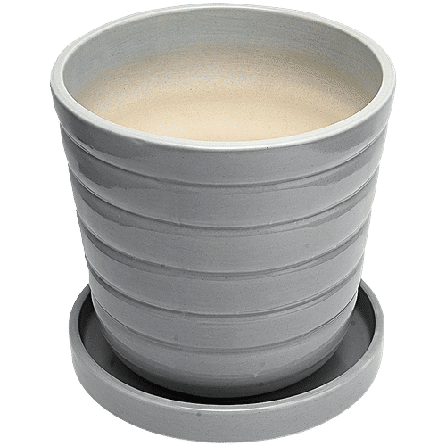 bb home Earth Planter/ Pot With Tray, Hand-crafted Ceramic- Cosmic Pastel Grey, 20.32 cm, Medium Size, 1 pc  