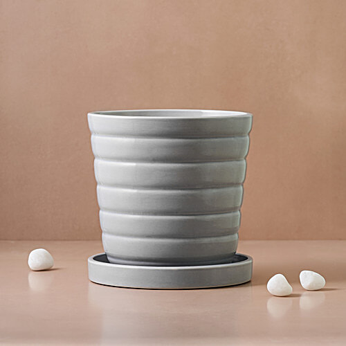 bb home Earth Planter/ Pot With Tray, Hand-crafted Ceramic- Cosmic Pastel Grey, 20.32 cm, Medium Size, 1 pc  