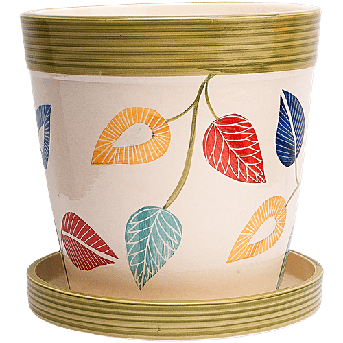 bb home Earth Planter/ Pot With Tray, Hand-Painted Ceramic, Vintage Autumn, 20.32 cm, Medium Size, 1 pc  Made by Indian Artists