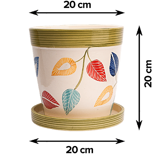 bb home Earth Planter/ Pot With Tray, Hand-Painted Ceramic, Vintage Autumn, 20.32 cm, Medium Size, 1 pc  Made by Indian Artists