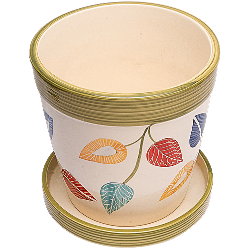 bb home Earth Planter/ Pot With Tray, Hand-Painted Ceramic, Vintage Autumn, 20.32 cm, Medium Size, 1 pc  Made by Indian Artists