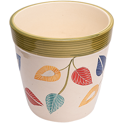 bb home Earth Planter/ Pot With Tray, Hand-Painted Ceramic, Vintage Autumn, 20.32 cm, Medium Size, 1 pc  Made by Indian Artists