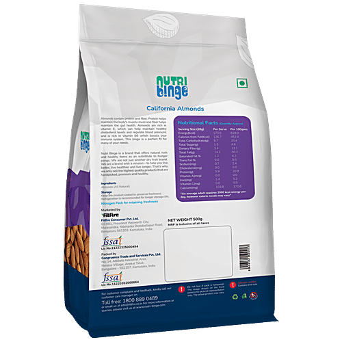Nutri Binge Premium California Almonds, 500 g  