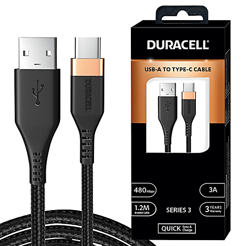 Duracell Type A To Type C 3A Braided Fast Charging Cable & Data Sync - 1.2 m, Series 3, Black, 1 pc  
