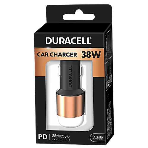 Duracell 38W Fast Car Charger Adapter - Dual Output, Type C PD 20W, 3.0 For Smartphones,Tablets, Copper & Black, 1 pc  