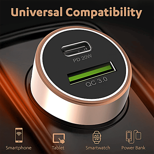 Duracell 38W Fast Car Charger Adapter - Dual Output, Type C PD 20W, 3.0 For Smartphones,Tablets, Copper & Black, 1 pc  