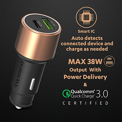 Duracell 38W Fast Car Charger Adapter - Dual Output, Type C PD 20W, 3.0 For Smartphones,Tablets, Copper & Black, 1 pc  