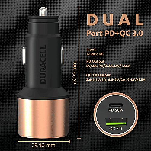 Duracell 38W Fast Car Charger Adapter - Dual Output, Type C PD 20W, 3.0 For Smartphones,Tablets, Copper & Black, 1 pc  