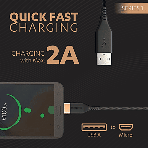 Duracell Type A To Micro USB 2A Braided Fast Charging Cable & Data Sync - 1.2 m, Series 1, Black, 1 pc  QC 2.0/3.0 Charging