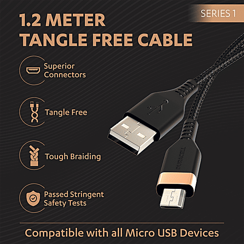 Duracell Type A To Micro USB 2A Braided Fast Charging Cable & Data Sync - 1.2 m, Series 1, Black, 1 pc  QC 2.0/3.0 Charging