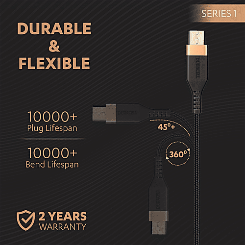 Duracell Type A To Micro USB 2A Braided Fast Charging Cable & Data Sync - 1.2 m, Series 1, Black, 1 pc  QC 2.0/3.0 Charging
